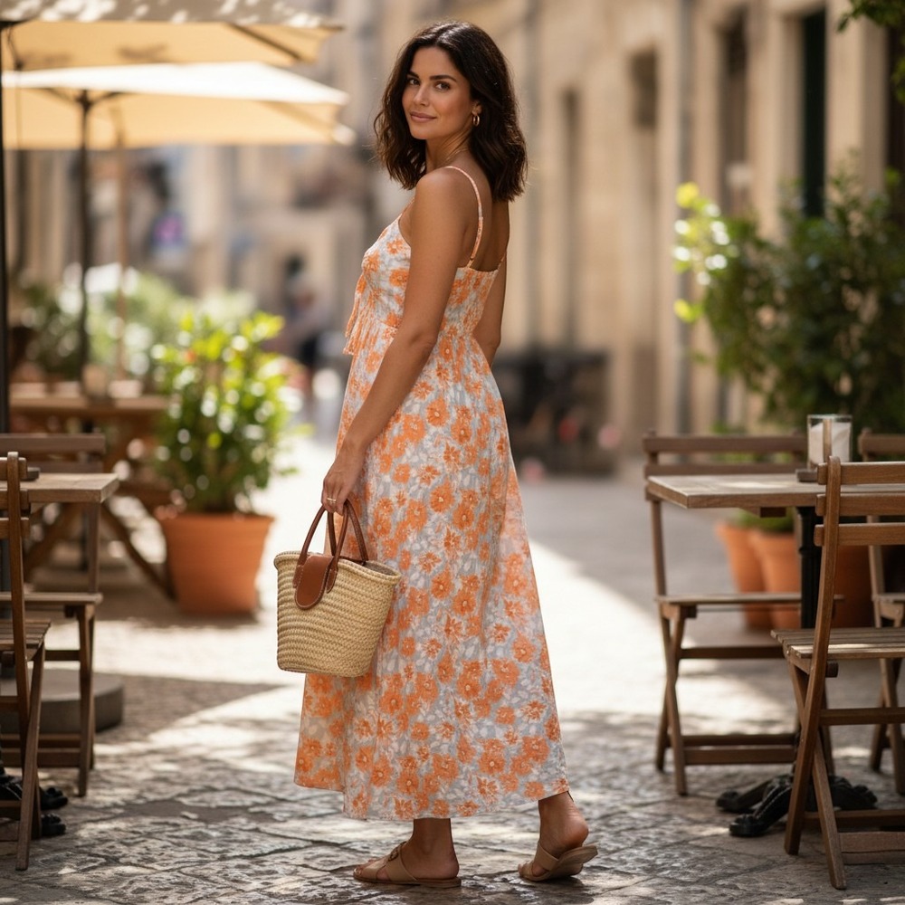 Orange Floral Sweetheart Maxi Dress Smocked Back Adjustable Straps Summer Sun